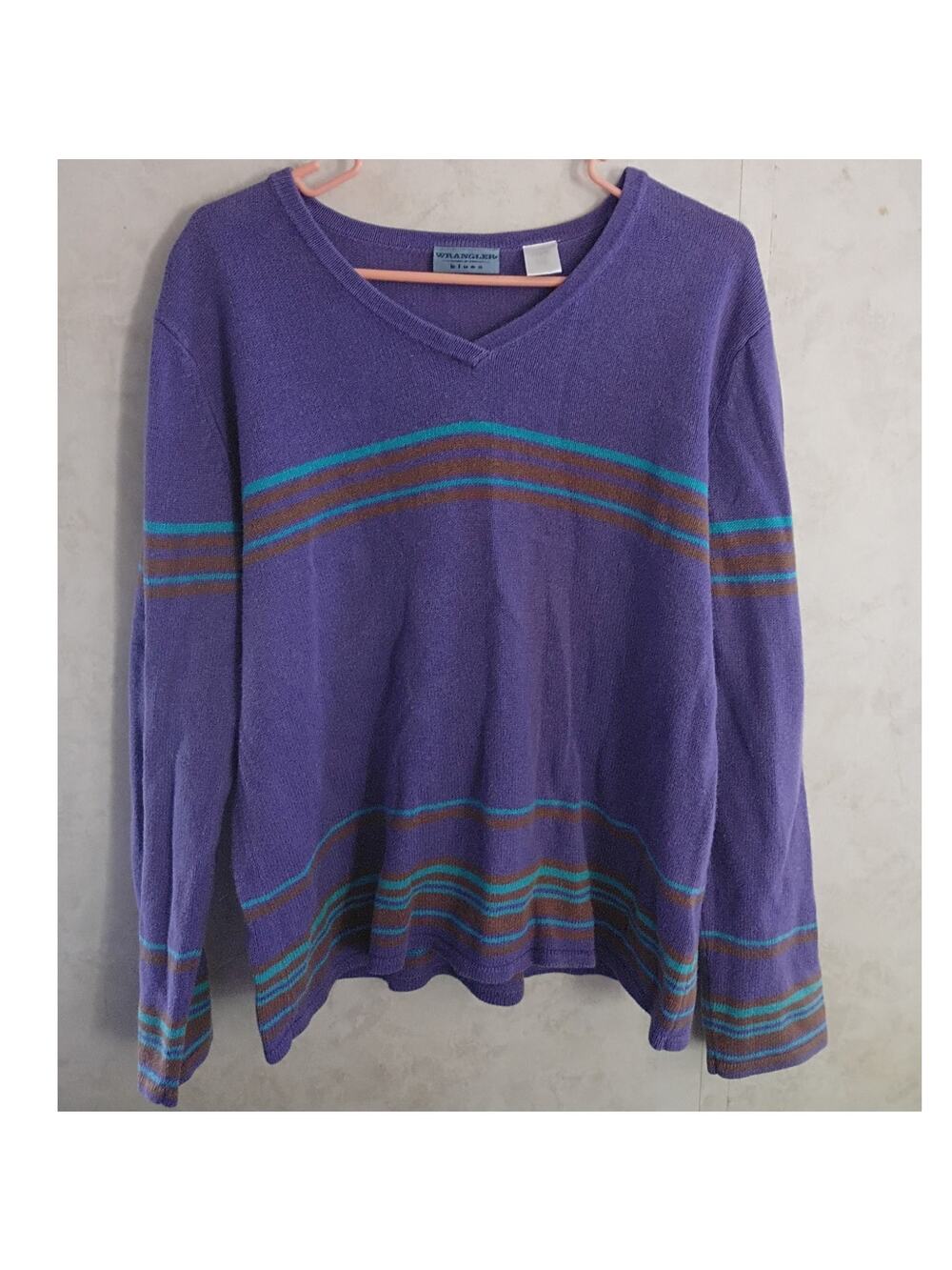 Wrangler Blues Purple Turquoise Stripe V Neck Sweater XL Cotton Ramie Western